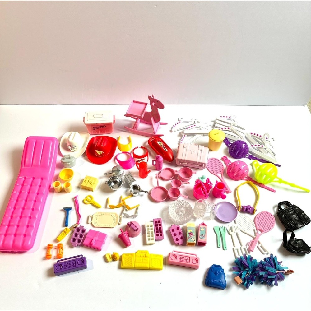 Vtg Barbie Accessories Lot Kitchen Sports Hat Pool Float Dishes Boom Box 100 pcs - Picture 1 of 12
